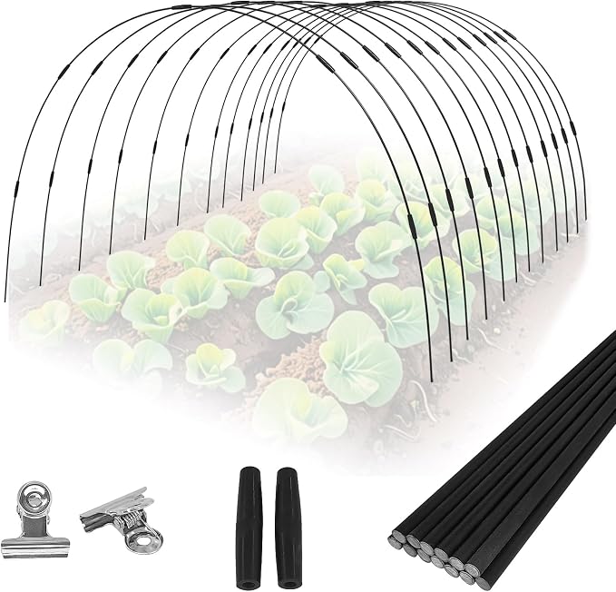 72PCS Garden Hoops Grow Tunnel Kit - 8FT Rust-Free Fiberglass Arches with Plastics Coating (12 Sets) for Raised Beds, Plant Support, Shade Cloth Net, Insect Netting & Row Cover Protection