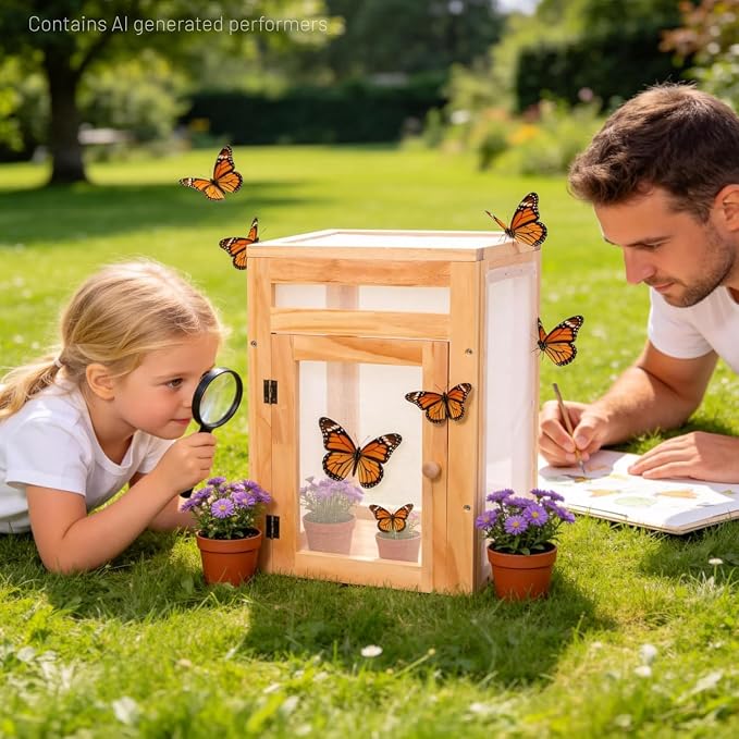 Yohsnor Butterfly Habitat Cage Kit - 15.7" Monarch Caterpillar House with Wooden Frame & Mesh Enclosure, Grow Tent for Hatching Butterflies, Kids Observation & Garden Insect Cages (Includes Guide)