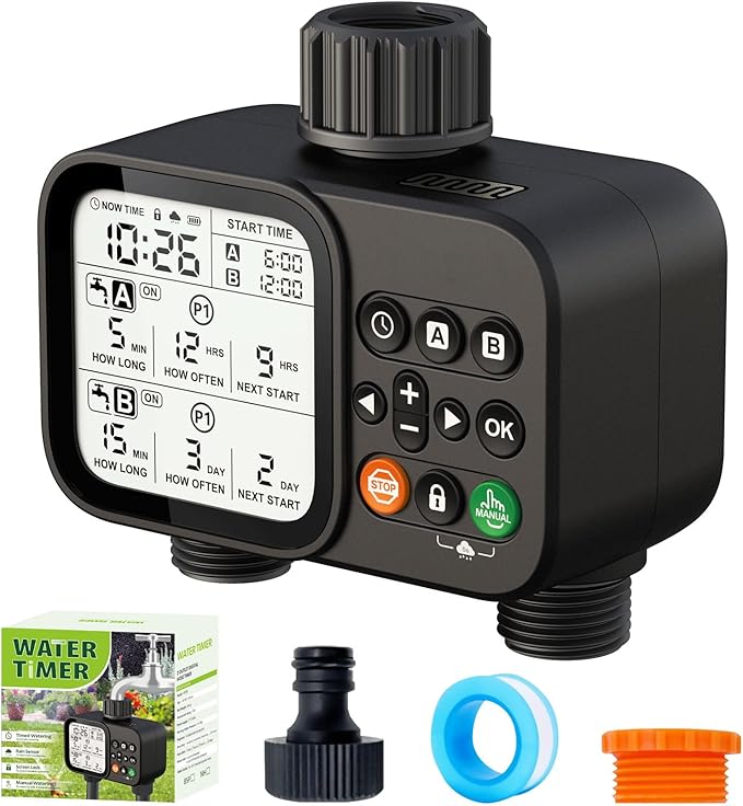 Sprinkler Timer for Garden Hose with Auto Rain Delay, 2 Zone Water Timer with 3.3“ Large LCD, IP54 Waterproof Drip Irrigation System Watering Timers for Plant, Yard, Lawns, Outdoor