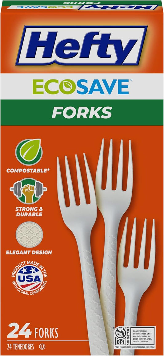 Hefty ECOSAVE Compostable Forks, Disposable Forks for BBQs, Tailgates, Camping, Parties, and More, Strong and Durable Construction, Sustainable Design, 24 Count