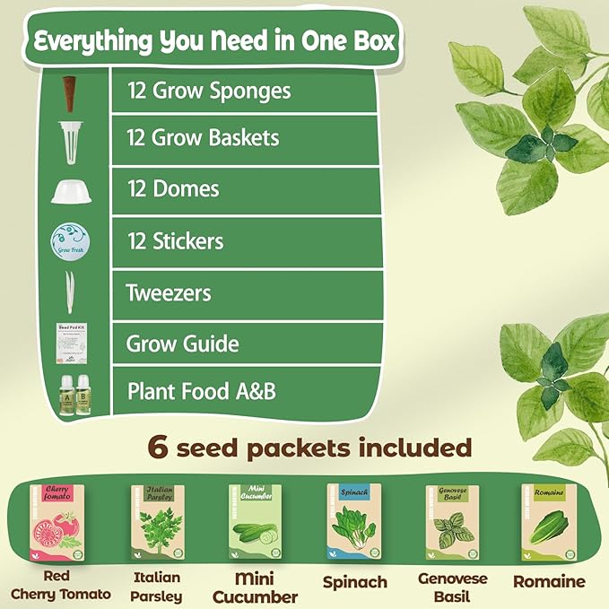 Herb & Salad Seed Pods Kit Hydroponic - 12 Refill Grow Pods with 6-Packet Seeds of Basil, Cherry Tomato, Mini Cucumber, Lettuce, Spinach & Parsley, Compatible with All Hydroponics Growing Systems