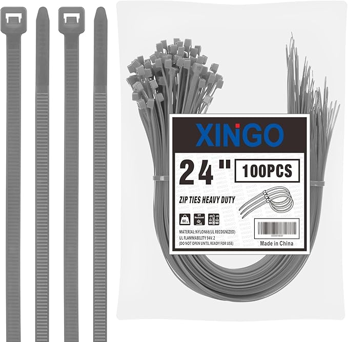 XINGO Zip Ties (100 Pack), Black, 60lb Tensile Strength, UV Resistant Cable Ties for indoor and outdoor use (Silver Grey, 24 inch)