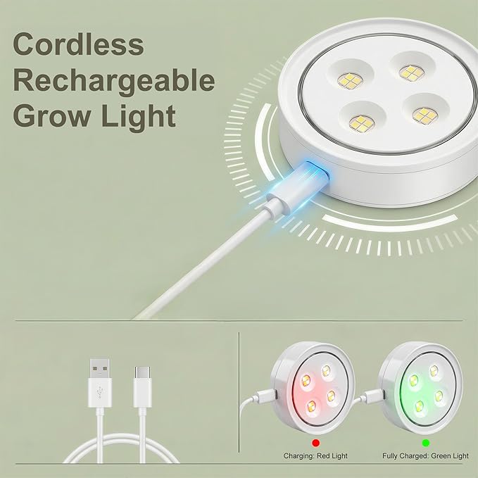 2 Pack Rechargeable Grow Light for Indoor Plants, Cordless Magnetic Plant Lights for Indoor Growing, 6500k Full Spectrum LED Lighting with Timer & Remote, Stepless Dimming for Plant Shelf