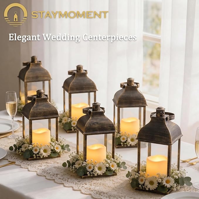 Wedding Decor Bronze Lanterns: 6 Pcs LED Flameless Decorative Indoor Outdoor Rustic Candle Holder Bulk for Tables Centerpieces