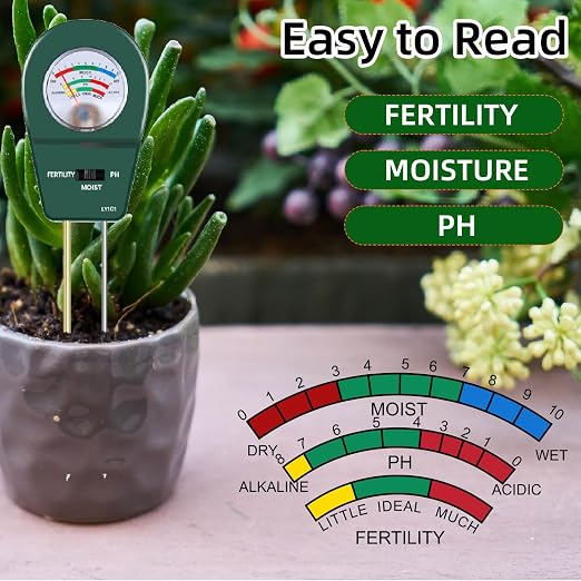 3-in-1 Soil Moisture Meter pH & Fertility Tester, No Battery Needed Plant Soil Test Kit for Houseplants, Garden, Lawn & Farm, Plug-and-Read Soil Acidity Meter for Indoor Outdoor Potted Plants (Green)
