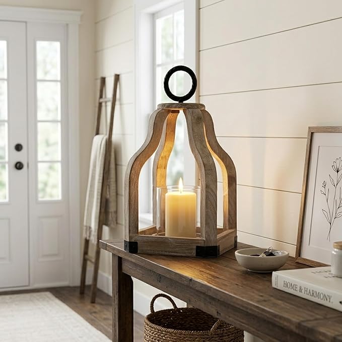 SWALLOWLIVING 13" Rustic Farmhouse Wood Candle Hurricane Lantern with Glass Candlestick Holder for Patio, Table Centerpiece, White Washed