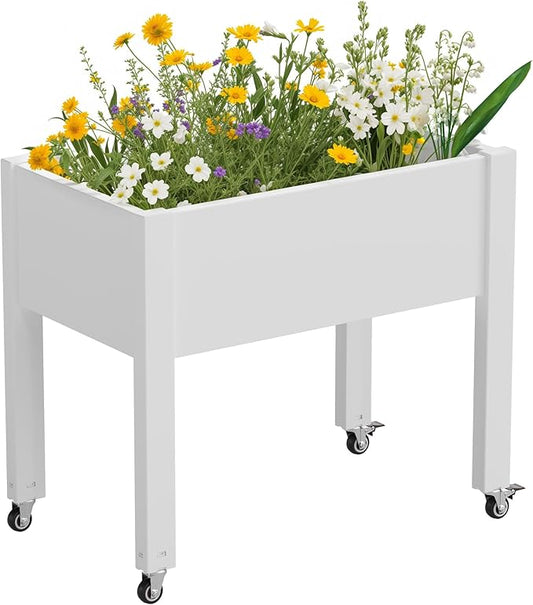 Elevated 26.3" Tall Raised Garden Bed with Wheels - Outdoor Mobile Resin Planter Box with Drainage Holes for Vegetables Flower Herbs, Weather Resistant, Cool White (26.3" h)