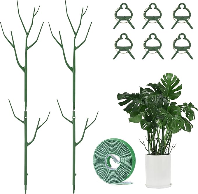 Yhtpouqe 4 Pack Plant Support Stakes, Plant Stakes for Indoor and Outdoor Plants. 28inch Plant Sticks with Extension Poles, Plant Clips, Plant Ties for Potted Monstera Plants, Climbing Plants