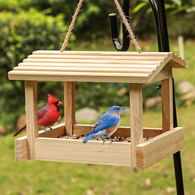 STARSWR Bird Feeders for Outside Hanging, Wild Bird Feeder House for Cardinals Finches Wooden Bluebird Feeder Mealworm Feeder Outdoor Wood Platform Bird House Feeder