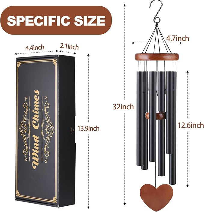 Black Metal Wind Chimes Outdoor Large, Modern Aluminum Deep Tone Tubes, Decorative Hanging Wind Chime for Patio Garden Porch Yard Balcony, Stylish Home Decor