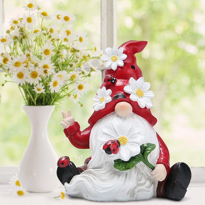 Hodao Spring Gnome Figurine Ladybug Decor, Cute Resin Garden Gnome with Floral Hat, Indoor Outdoor Home Decorations, Shelf Desk Ornament, Seasonal Gift for Family Friends Housewarming Birthday