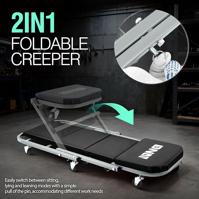‎DNA MOTORING TOOLS-00187 40 Inches 2 IN 1 Rolling Folding Car Creeper/Seat, 6 Pcs 2" Casters, 150kg Weight Capacity, Gray