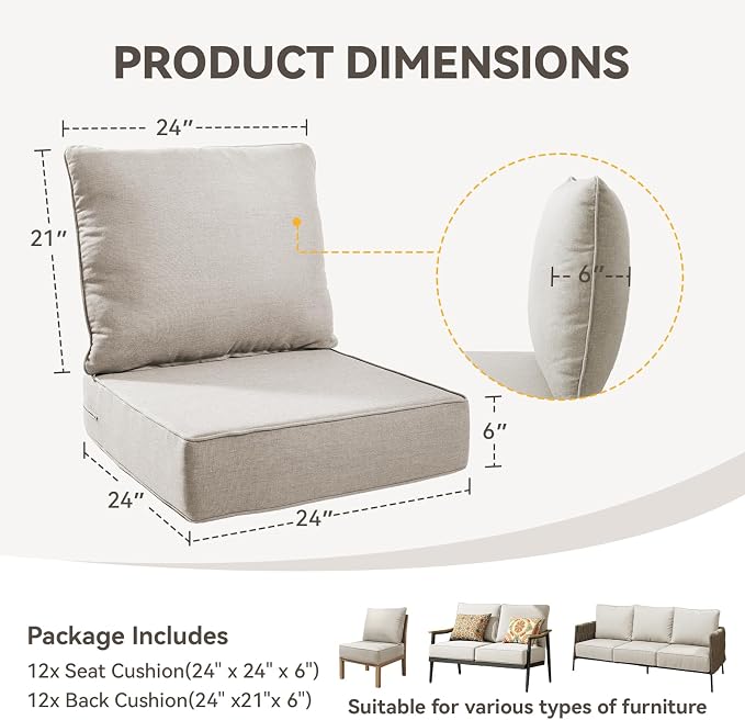 Outdoor Cushion Set for Furniture Patio Furniture, UV Resistant, Water Resistant - 6 Inch Thick Foam Garden Cushions– 24x24 Inch Patio Seat Covers for Chair/Sofa/Couch | Beige | 12-Pack |