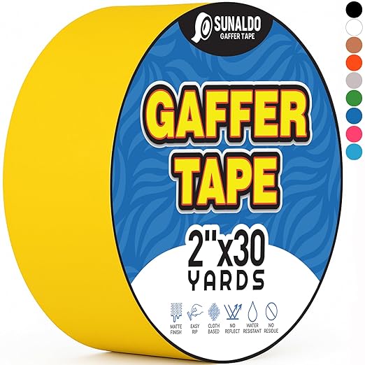 Gaffers Tape Heavy Duty, Easy to Rip, Residue-Free Professional Grade Floor Tape for Electrical Cords, Matte Finish Non Reflective, Weather Resistant (1, Yellow, 2" x 30 Yards)