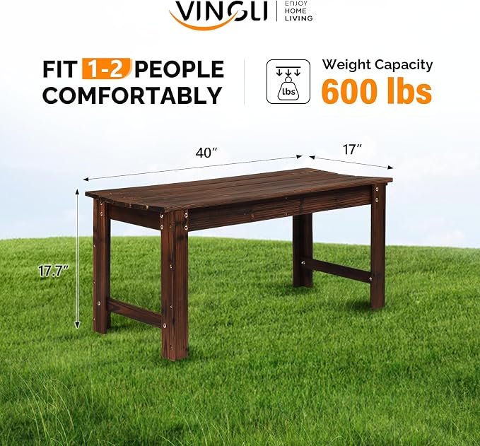 VINGLI Outdoor Wood Bench, 40" Outdoor Bench Patio Wooden Bench Garden Bench Outdoor Backless Bench for Deck Patio (Carbonized)
