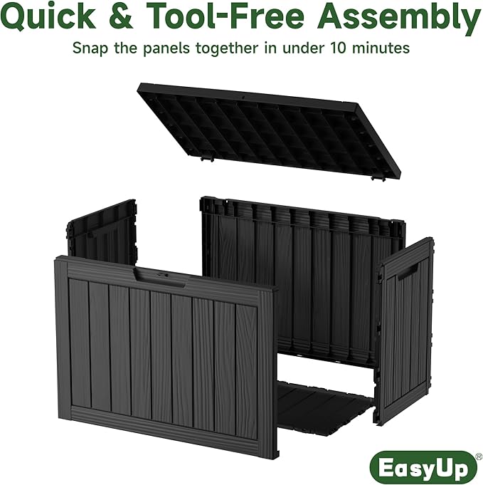 EasyUp 55 Gallon Deck Boxes Outdoor Waterproof, Resin Outside Storage Box for Patio Cushion Furniture Pool Accessories Garden Tools Indoor Outdoor Storage Bench (55 Gallon, Black)