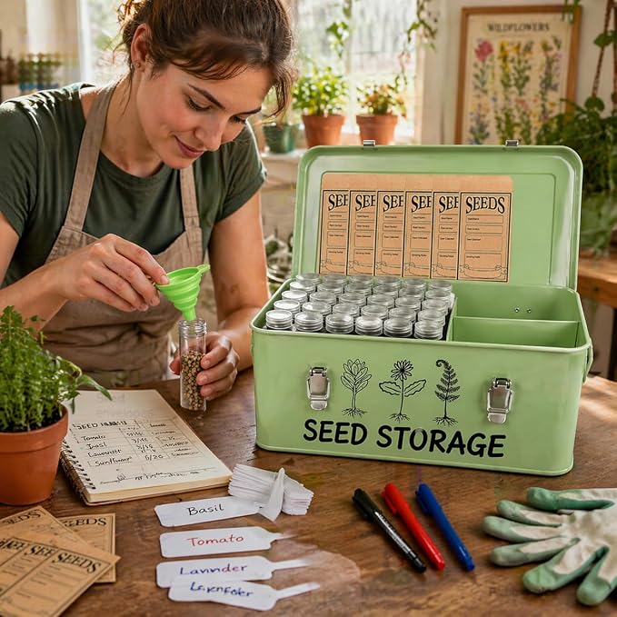 Seed Storage Box – Metal Seed Packet Organizer with Garden String and Bamboo Plant Labels. Seed Container Storage delivering complete Seed Saving Organization for every Garden Lover.