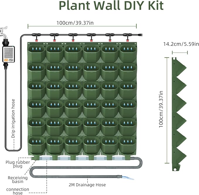 36 Pockets Self Watering Wall Mounted Vertical Planter, Wall Planter Indoor Vertical Living Green Plant Wall Easy Installation (Green with Timing System)
