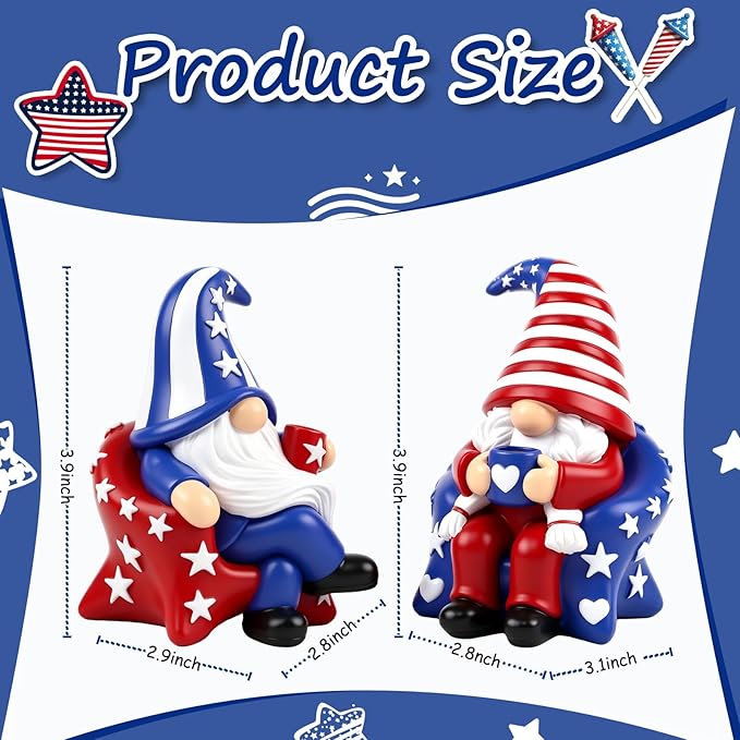 4th of July Gnome Decorations 2 PCS Resin Patriotic Figurines Indoor Collectible Gifts Cute Holiday Decor for Table Home