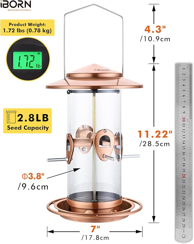 iBorn Metal Bird Feeder for Outside Hanging,Wild Bird Feeders for Cardinal,18cm Large Roof&Tray Brushed Copper 10 Port(Seed is not Included)