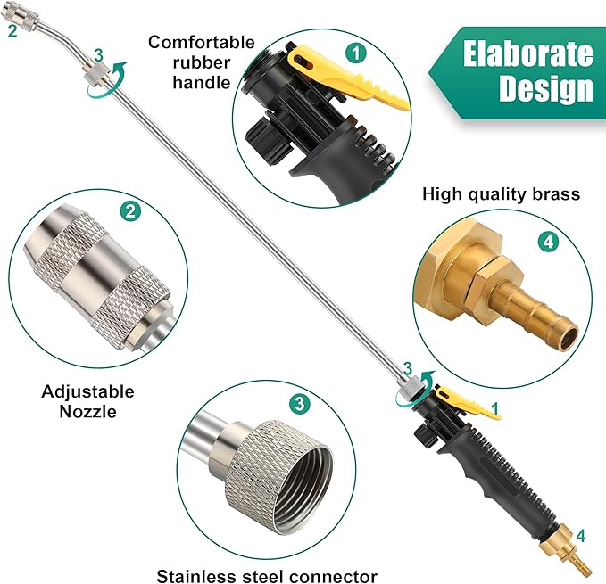29 Inch Sprayer Wand Replacement Stainless Steel 3/8" Brass Barb Universal Water Spray Parts Metal Adjustable Nozzle Sprayer Wand with Shut off Valve(1 Set)