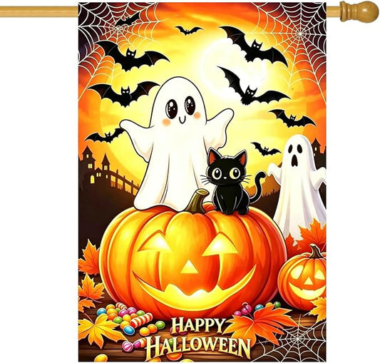 Large Halloween Garden Flags for Outside 28 x 40 Double Sided, Burlap Halloween House Flag, Large Outdoor Yard Flags Ghost Black Cat Decorations for Farmhouse Patio Front Door Porch Garden Décor