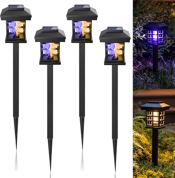 4 Pcs Solar Bug Zapper Outdoor Waterproof 2 in 1 Mosquito Zapper Solar Powered Mosquito Fly Trap Repellent Lamp Kills Bugs LED Lamp Warm Purple Light for Garden Yard Lawn (Black Warm Purple)