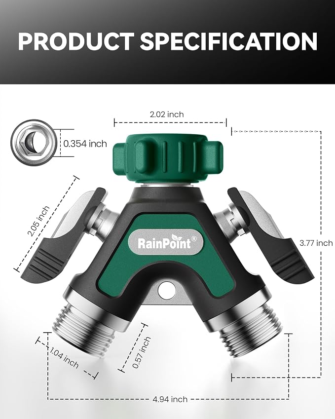 RAINPOINT Garden Hose Splitter 2 Way, All Metal Heavy Duty Water Hose Y Splitter With 2.05" Extra Long Side Handle & Shut Off Valves, 3/4 Inch GHT Thread Connector For Spigot Faucet (Dark Green,2)