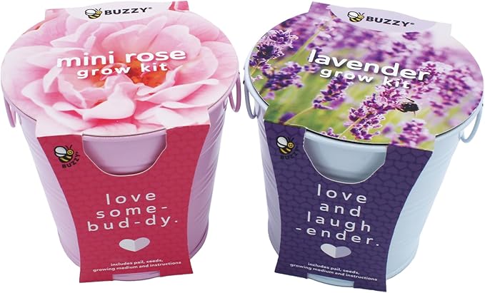 Buzzy Seeds Love Pails Grow Kit 2-Pack - Metal Windowsill Planter - Complete Indoor Gardening Kit with Seeds, Coconut Husk Growing Medium & Genuine Pots - 100% Grow Guarantee