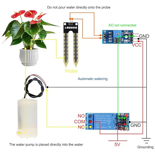 Upgrade Automatic Irrigation DIY Kit Self Watering System with Capacitive Soil Moisture Sensor 5V Relay Module and Water Pump + 50cm Silicone Tubing for Garden Plant Flower Watering DIY