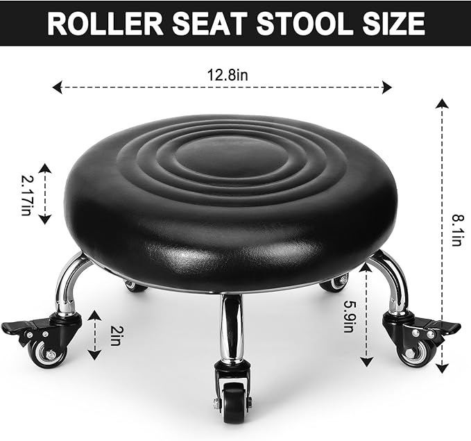FLOLXNB Low Rolling Stool, Low Stool with Wheels, PU Leather Low Roller Seat Chair, Rolling Seat Stool for Home Office Garage Shop (Style 2)