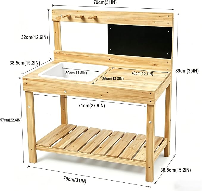 Kids Wooden Potting Bench with Chalkboard, Removable Basin, Storage Shelf and Hooks, Outdoor Garden Work Table,Educational Gardening Tools (Wood)