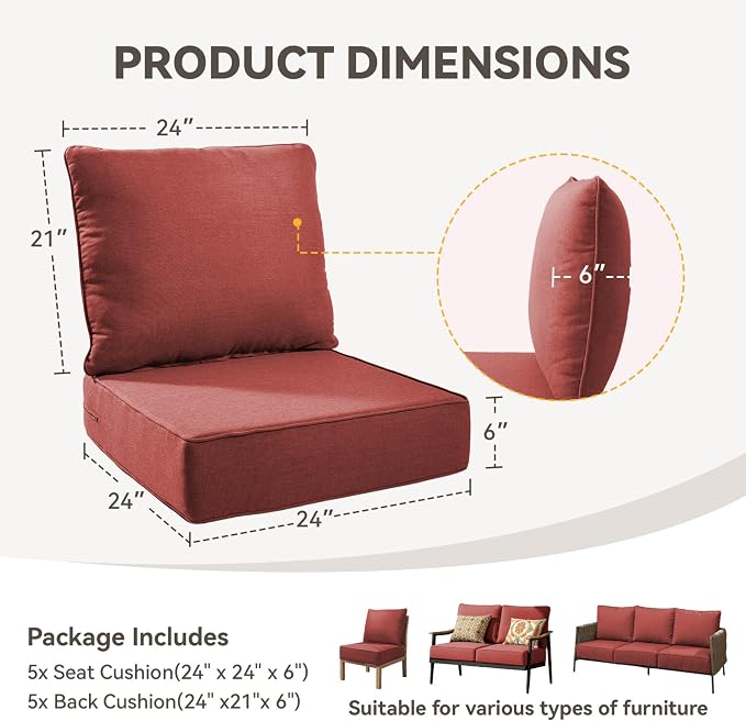 Outdoor Cushion Set for Furniture Patio Furniture, UV Resistant, Water Resistant - 6 Inch Thick Foam Garden Cushions– 24x24 Inch Patio Seat Covers for Chair/Sofa/Couch | Red | 5-Pack |