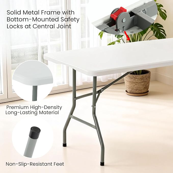 5 Pack of 8 Foot Foldable Table with Built in Handle & Steel Legs, 8FT Portable Heavy Duty Plastic Folding Tables for Parties, Dining, Wedding, Events, Picnic, Indoor & Outdoor, Camping, Utility