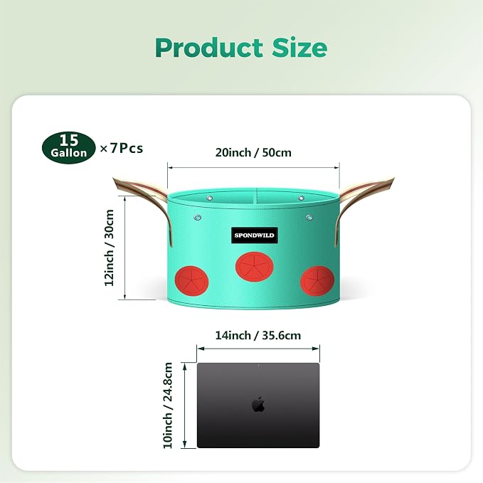 7 Pack 15 Gallon Grow Bags Heavy Duty 180G Thickened PE Plant Pots with 8 Breathable Holes Design