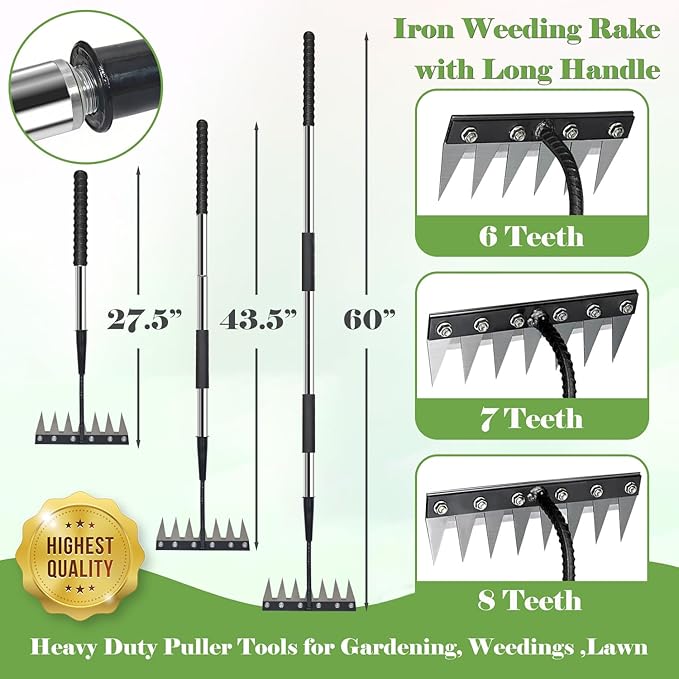 Garden Weeding Rake, Iron Weed Rake with Long Handle(27" - 60"), Heavy Duty 7 Teeth Manganese Steel Iron Weeding Rakes for Weeding, Yard, Farm...
