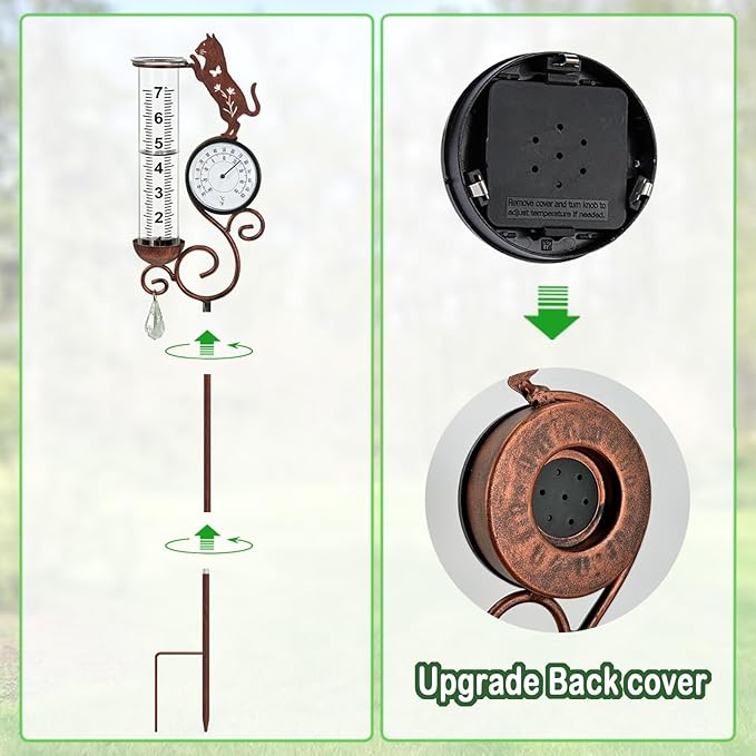 Cat Rain Gauge Outdoor,Large Number Scale Rain Gauge with Temperature & Hygrometer Metal Cat Garden Stakes for Outside,Lawn,Yard,Patio,Farm