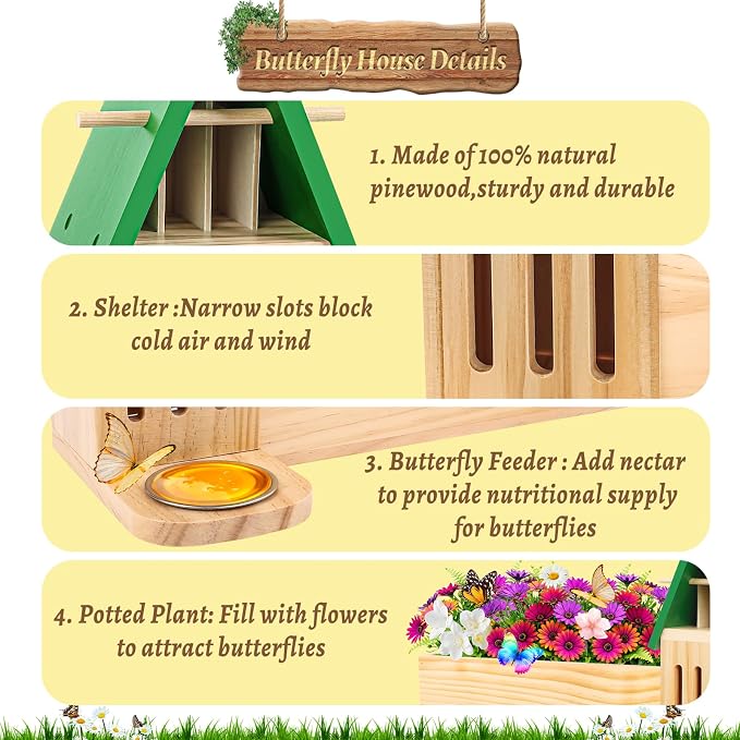 Butterfly House and Feeder with Flower Pot for Outside, 3-in-1 Wooden Butterfly House for Garden, Natural Butterfly Habitat with Butterfly Puddler for Garden Decor
