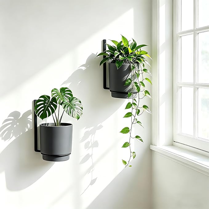 2 Pcs Wall Mounted Hanging Planter Vase for Indoor Outdoor Plants,Modern Metal Wall and Ceiling Hanging Flower Pot with Removable Flower Pot,Minimalist Decor for Herbs Succulents Flowers,5.1Inch,Grey