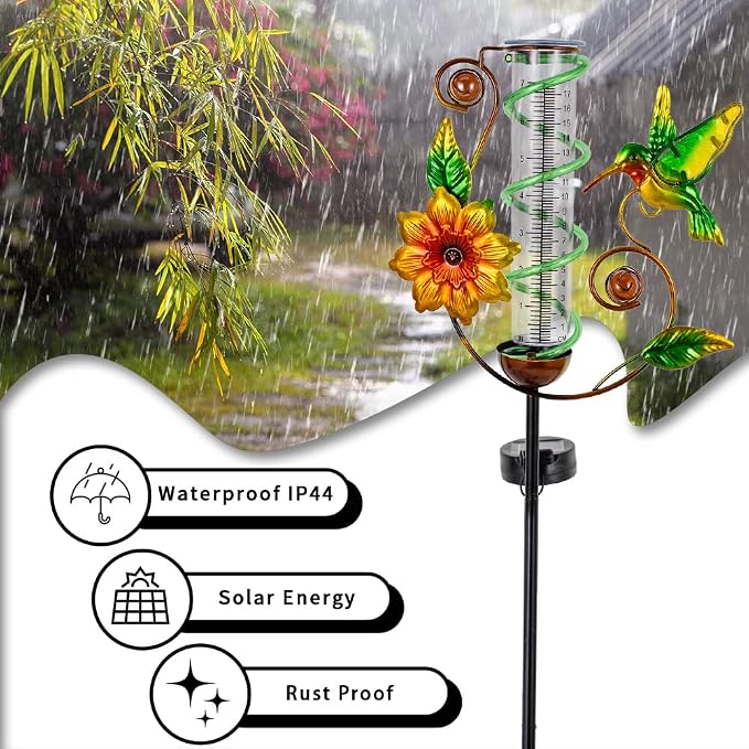 Rain Gauge Outdoor, Solar Rain Gauges for Yard, Hummingbird Freeze Proof Rain Gauge with 7" Plastic Tube, Metal Decorative Water Gauge with Led Light