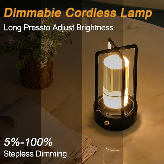 Cordless Table Lamp Rechargeable, Battery Operated Crystal Lamp, Stepless Dimming Touch Control, 3 Color LED Bedside Night Light for Bedroom, Dining Room, Outdoor Camping, Black (2 Pack)