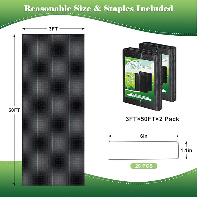FEED GARDEN 3FT x 100FT Landscape Fabric Weed Barrier Fabric, Heavy Duty Weed Control Mat, Weed Blocker Ground Cover Geotextile Fabric for Gardening, with 20 U-Shaped Stakes (2 Pack 3x50FT)