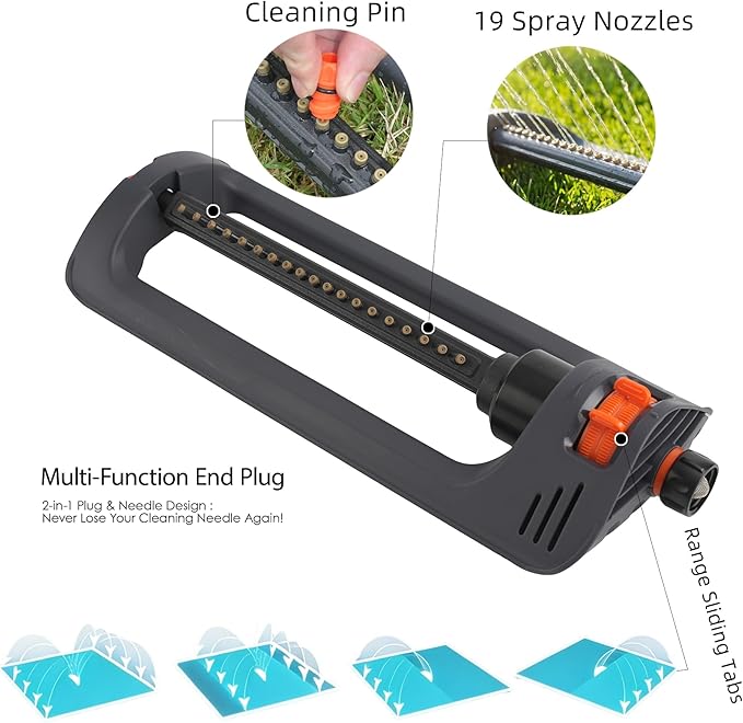 BIGWAVE Turbo Oscillating Water Sprinkler for Yard Covers up to 3,600 sq.ft,19 Nozzles Adjustable Range for Lawn, Garden, Quick Connect Bundle Included, Built-in Spray Jet Cleaning Needle