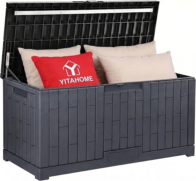 YITAHOME 120 Gallon Outdoor Storage Deck Box, Large Resin Patio Storage Box with Slide-Locking Lid, 53" L 2-Person Bench Seat for Outdoor Pillows, Garden Tools & Pool-Supplies, Waterproof (Dark Gray)