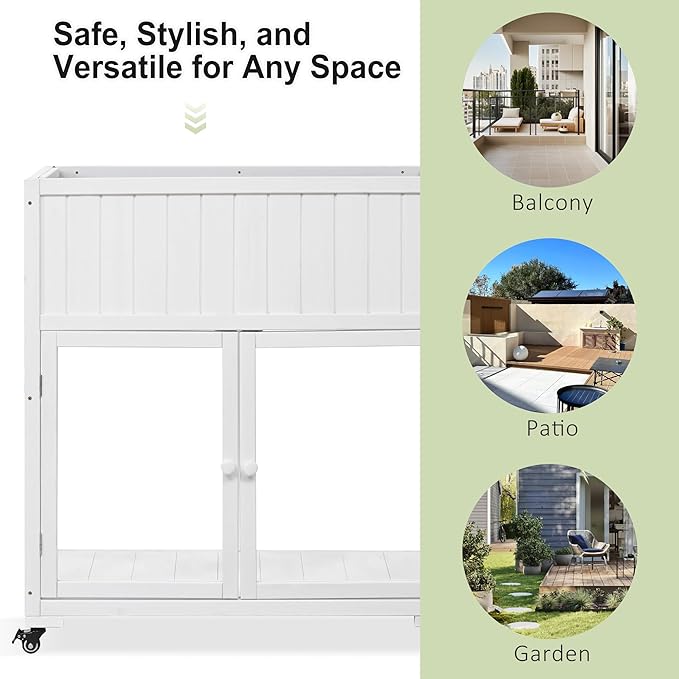 Merax Raised Garden Bed with Leg, Potting Bench with Wheels Outdoor Garden Work Bench Station Planting Solid Wood Construction for Horticulture w/Storage Cabinet, White