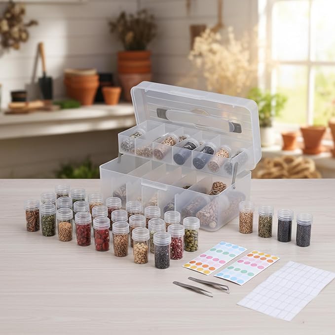 32 Slots Seed Storage Box Organizer with Label Sticker and 2 Tweezers,Portable Garden Seed Saving kit, Packet Organizer for Plant, Flower,Vegetable Seeds