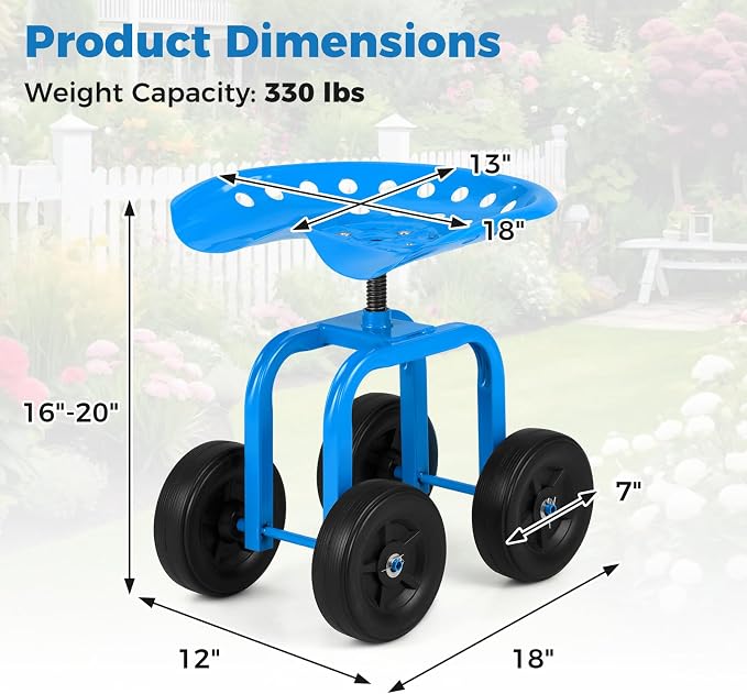 Rolling Garden Seat, Garden Cart with 360° Swivel Work Seat & Adjustable Height, Heavy Duty Garden Seat with Wheels for Lawn Yard Patio Greenhouse Planting Cleaning (Blue)