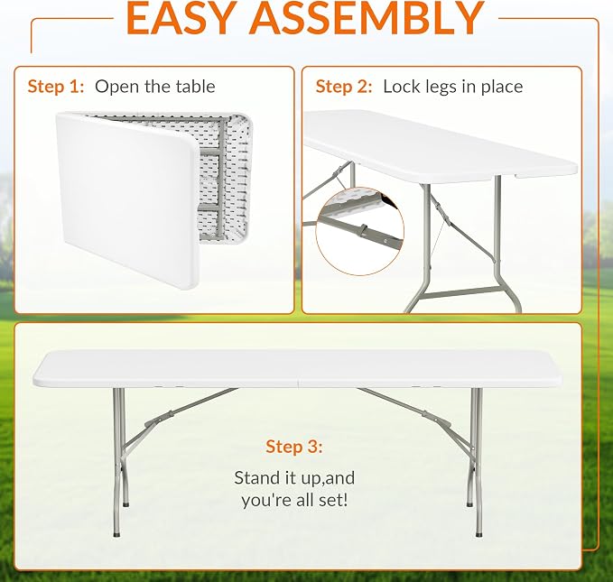 Elevon Folding Table Set with 8 White Folding Chairs,8 Feet Heavy Duty Fold-in-Half Utility Table Sets for Picnic, Event, Training, Outdoor Activities, at Home and Commercial Use