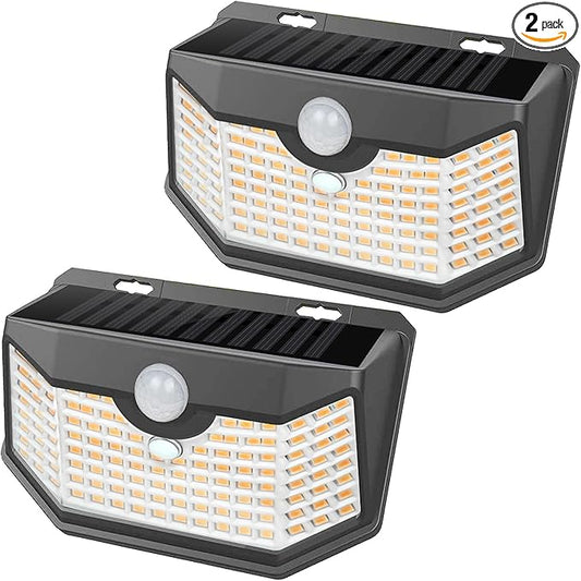HMCITY 120 LED Outdoor Solar Lights- with Motion Sensor and 3 Lighting Modes, IP65 Waterproof Wide Solar Wall Lights Ideal for Garden Patio Yard (Front Button 2Packs, Black Shell-Warm White)