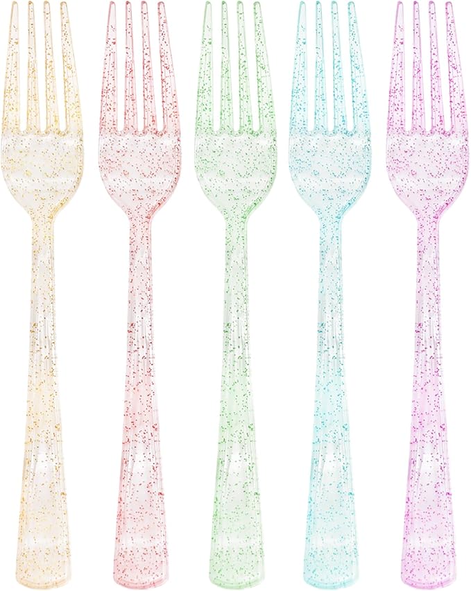 50 Pcs CLear Pastel Plastic Forks, Pastel Plastic Silverware, Heavy Duty Plastic Cutlery Set Disposable Utensils Sets for Brithday, Wedding, Tea Party, Garden Party